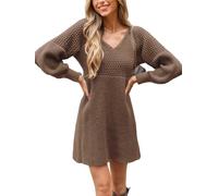 CUPSHE Damen Strickkleid Pullikleid V Ausschnitt Langarm Wabenmuster Feinstrick Pulloverkleid Knit Sweater Mini Dress Kaffee XL