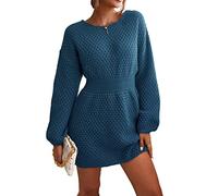 CUPSHE Damen Strickkleid Pulloverkleid Rundhals Grobstrick Strukturierter Pulli Lässig Knit Sweater Tunika Mini Dress Blau S