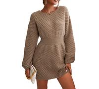 CUPSHE Damen Strickkleid Rundhals Langarm Grobstrick Pulloverkleid Winterpullover Strickpulli Lässig Sweater Knit Mini Dress Kaffee S