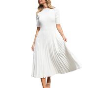 CUPSHE Damen Strickkleid Stehkragen Halbe Ärmel Pulloverkleid Plissee Lang Herbst Winter Elegant Pulli Midi Kleider Weiß XL