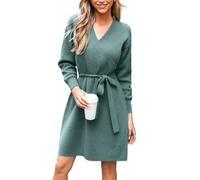 CUPSHE Damen Strickkleid V-Ausschnitt Langarm Pulloverkleid Gerippt Wickeloptik Winter Elegant Sweater Knit Mini Dress Staubiges Grün S