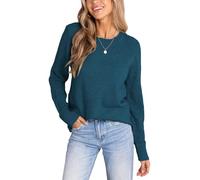 CUPSHE Damen Strickpullover Rundhals Gehäkelter Langarmpulli 2024 Herbst Winter Feinstrick Pullover Oberteile Tops Lässig Knit Sweater Blau XL