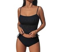 CUPSHE Damen Tankini Set mit eckigem Ausschnitt Netzstoff verstellbaren Spaghettiträgern und Kordelzug Zweiteiliger Badeanzug Swimsuit Schwarz M