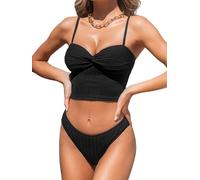 CUPSHE Damen Tankini Set Zweiteilige Bademode Herzausschnitt Umwickelt Hoher Beinausschnitt Cheeky Bottom Badeanzug Black M
