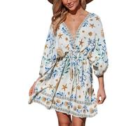 CUPSHE Damen Tiefes V-Ausschnitt Rückenfrei Strandkleid Paisley Boho Blouson Ärmel Rücken Krawatte Taille Mini Sommerkleider Beige M