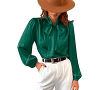 CUPSHE Damenhemd aus glänzendem Satin, mit Fliege, langärmelig, hoher Kragen, für Arbeit, lässiges Hemd, grün, Large