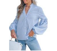 CUPSHE Gestreifte Bluse mit V-Ausschnitt und Puffärmeln, Frontknopf Design Elegante Damen Langarmbluse im Berufsstil, Blau,S