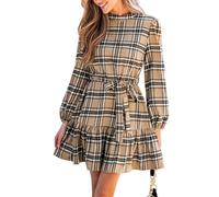 CUPSHE Mini-Kleid mit Rüschen, für Damen, kariert, Stehkragen, Lange Ärmel, Rückenbindung, Ausschnitt, Taille, Schnürung, Gürtel, Khaki, Größe XL