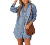 CUPSHE Women Denim Shirt Mini Tunic Dress Casual Oversized Autumn Long Sleeve Frayed Hem Tops Blouse with Pockets Sky Blue M