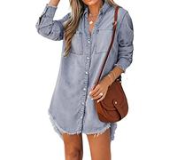 CUPSHE Women Denim Shirt Mini Tunic Dress Casual Oversized Autumn Long Sleeve Frayed Hem Tops Blouse with Pockets Light Blue L