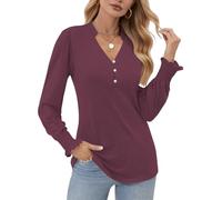 Cuptacc Bluse Damen Tunika V-Ausschnitt Langarmshirt Damen Einfarbig Pullover Lässige Oberteile Geblümt Blusenshirt Lila, Klein S 36