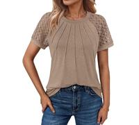 Cuptacc Damen Bluse Sommer Kurzarm Rundhals Tshirt Lang Einfarbig Lässig Tunic Blouse Elegant Khaki, Groß L 42-44