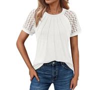 Cuptacc Damen Bluse Sommer Top Mit Spitze Ärmel Kurzarm Rundhals Einfarbig Lässig Tunic Blouse Leicht Weiß, XL 46-48