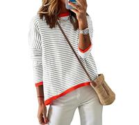Cuptacc Damen Pullover Elegant Gestreiftes Langarm Sweatshirt Damen Rundhals Baumwoll Casual T-Shirt Grau XL 46-48