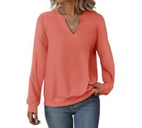 Cuptacc Damen Pullover Elegant Langarmshirt Damen V-Ausschnitt Herbst Winter Tshirt Einfarbig Rosenrot Mittel M 38-40