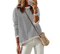 Cuptacc Damen Pullover Gestreiftes Rundhals Sweatshirt Damen Casual Langarmshirt Baumwolle Shirt Beige Klein S 34-36