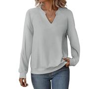 Cuptacc Damen Pullover Herbst Sweatshirt Damen Ohne Kapuze Lange Ärmel V-Ausschnitt Volltonfarbe Top Grau Klein S 34-36