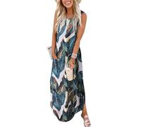 Cuptacc Kleider Damen Sommer Rundhals Ausschnitt Kirche Abendkleid Urlaub Kleid mit Taschen Tropisches Blatt,Klein S34-36