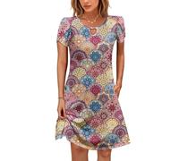 Cuptacc Kleider Damen Sommer Strandkleid Kurzarm Boho Sommerkleid mit Taschen Leicht Gelb Blau Rote Blume,Klein S 34-36