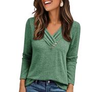 Cuptacc Langarmshirt Damen Mit Button Ausgefallene Elegant Einfarbig Winter Longsleeve Oberteile Mit V-Ausschnitt Casual Pullover Damen Grün XL