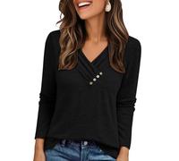 Cuptacc Langarmshirt Damen Mit Knopf Ausgefallene Locker Festliche Tuniken V-Ausschnitt Große Größen Casual Luftig Pullover Damen Schwarz XL