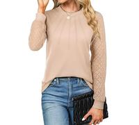 Cuptacc Langarmshirt Damen Rundhals Waffelstrick Top Mit Spitze Ärmel Einfarbig Lässig Tunic Blouse Leicht Aprikose, XL 46-48