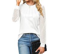 Cuptacc Langarmshirt Damen Rundhals Waffelstrick Top Mit Spitze Ärmel Einfarbig Lässig Tunic Blouse Leicht Weiß, XL 46-48