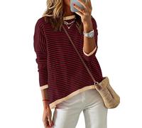 Cuptacc Pullover Damen Gestreiftes Shirt Rundhalsausschnitt Oversize Sweatshirt Langarm Pulli Damen Elegant Burgund 2XL 50-52
