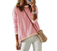 Cuptacc Pullover Damen Gestreiftes Shirt Rundhalsausschnitt Oversize Sweatshirt Langarm Pulli Damen Elegant BeigeRed 2XL 50-52