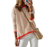 Cuptacc Pullover Damen Herbst Gestreiftes Fashion Rundhalsausschnitt Cotton Top Strick Elegant Sweatshirt Braun Klein S 34-36