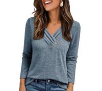Cuptacc Pullover Damen Leicht Und Luftig Oversized V-Ausschnitt Langarm Oberteil Damen Knopfleiste Lässige Thermo Winter Langarmshirt Marineblau XXL