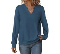 Cuptacc Pullover Damen Oberteile Elegant Basic Langarmshirt Damen Lange Ärmel V-Ausschnitt Lässig Top Blaugrau Mittel M 38-40