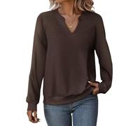 Cuptacc Pullover Damen Winter Langarmshirt Damen Elegant Lange Ärmel V-Ausschnitt Lässig Weicher Stoff Top Kaffee Mittel M 38-40