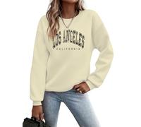 Cuptacc Pullover für Damen Sweatshirt Rundhals Los Angeles Sportshirt Damen Langarm Casual Locker Oberteile Beige Klein S 34-36