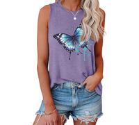 Cuptacc Sommer Top Damen Breite Schultergurte Lockerer Bequem Tank Top Rundhals Schmetterling Muster Casual Niedlich Ärmellos Shirt Lila 2XL 50-52