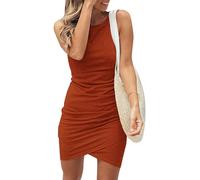 Cuptacc Sommerkleid für Damen trendiges 2024 Rundhalsausschnitt ärmelloses Tankkleid Hochzeitsgast Party Wickel Mini Bodycon Kleider Karamell XL 46-48