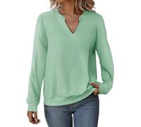 Cuptacc Sweatshirt Damen Ohne Kapuze Pullover Damen Basic Langarmshirt Elegant Oberteile V-Ausschnitt Top Hellgrün Mittel M 38-40