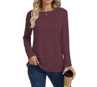 Cuptacc T-Shirts Für Damen Rundhalsausschnitt Shirt Damen Langarm Einfarbig Tops Casual Langarm Burgund M 38-40