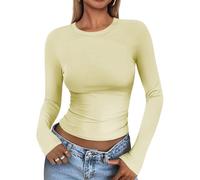 Cuptacc Top Damen Enganliegend Round Neck Trendy Langarmshirts Damen Lightweight Oberteil Crop Schnelltrocknend Active Wear Creme Gelb S