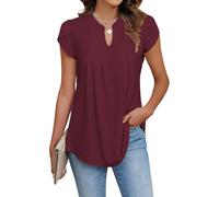 Cuptacc Top Damen V-Ausschnitt Blusenshirt Damen Sommer Kurzarm Blumen Falten Lässig Lange Tshirts Wein Rot, Klein S 34-36
