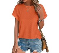 Cuptacc Tops Für Damen Bluse Damen Shirt Elegant Sommer Lochstickerei Kurzärmel Rundhals Orange Casual XXXL