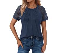 Cuptacc Tshirt Damen Sommer 2025 Kurzarm Mit Spitze Ärmel Blouse Plissierte Basic Shirt Blusen Chic Dunkel Blau, Mittel M 38-40
