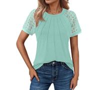 Cuptacc Tshirt Damen Sommer 2025 Kurzarm Mit Spitze Ärmel Blouse Plissierte Basic Shirt Blusen Chic Grün, Mittel M 38-40