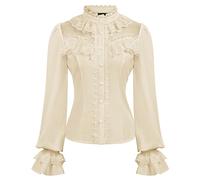 CURLBIUTY Damen Edwardian Button-Down Bluse Retro Gothic Oberteile Renaissance Steampunk Lolita Hemd Beige L