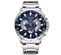 Curren 8363 Herrenuhr Quarz Uhr mit DREI Hilfszifferblättern Datumsanzeige Blaues Gehäuse Armband, Silberfarben., 22, Sport