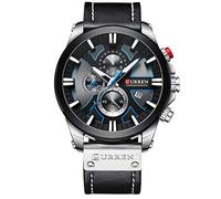 CURREN Herren-Armbanduhr, luxuriös, Chronograph, großes Zifferblatt, Leder, wasserdicht, Sport, Armee, Militär, silber, schwarz, Chronograph, Quarz-Uhrwerk