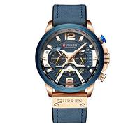 Curren Herren-Armbanduhr, Quarz, analog, Kalender, modisch, wasserdicht, mit Lederarmband, blau, Chronograph