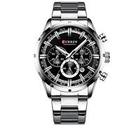 CURREN Herren-Armbanduhr, Sport, Quarz, Chronograph, Armbanduhr mit Leuchtzeigern, modische Edelstahl-Uhr, Datum (Silber-Schwarz)