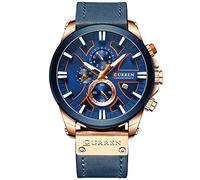 CURREN Herren-Armbanduhr, wasserabweisend, Sport-Chronograph, multifunktional, Leder, Quarz, Armbanduhr, roségold blau, Chronograph, Quarz-Uhrwerk