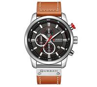 CURREN Herren-Armbanduhr, wasserdicht, Sport, Chronograph, Militär, multifunktional, Leder, Quarz-Armbanduhr (silberfarben/schwarz), silber, Chronograph, Quarz-Uhrwerk